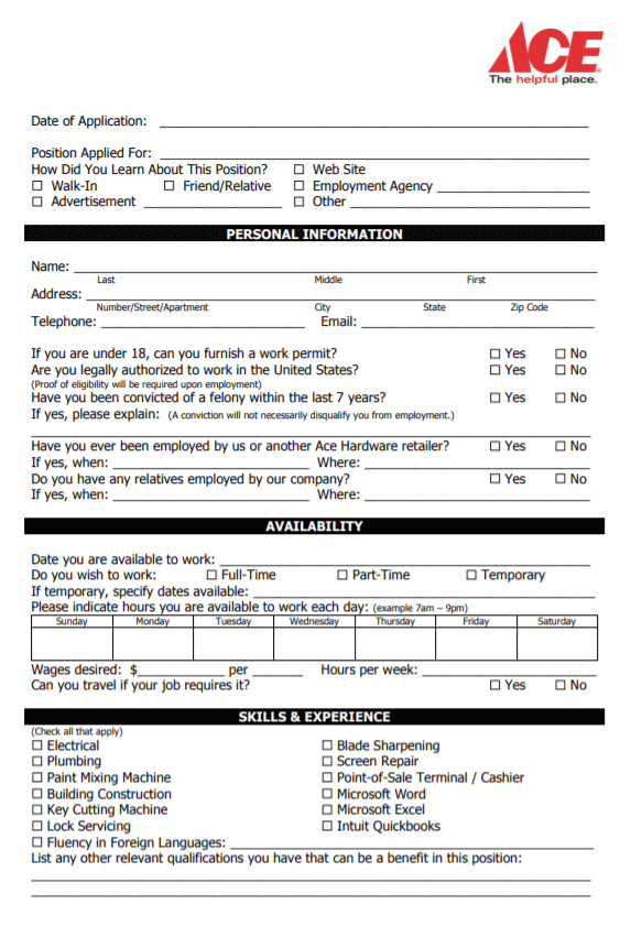 Ace Hardware job application