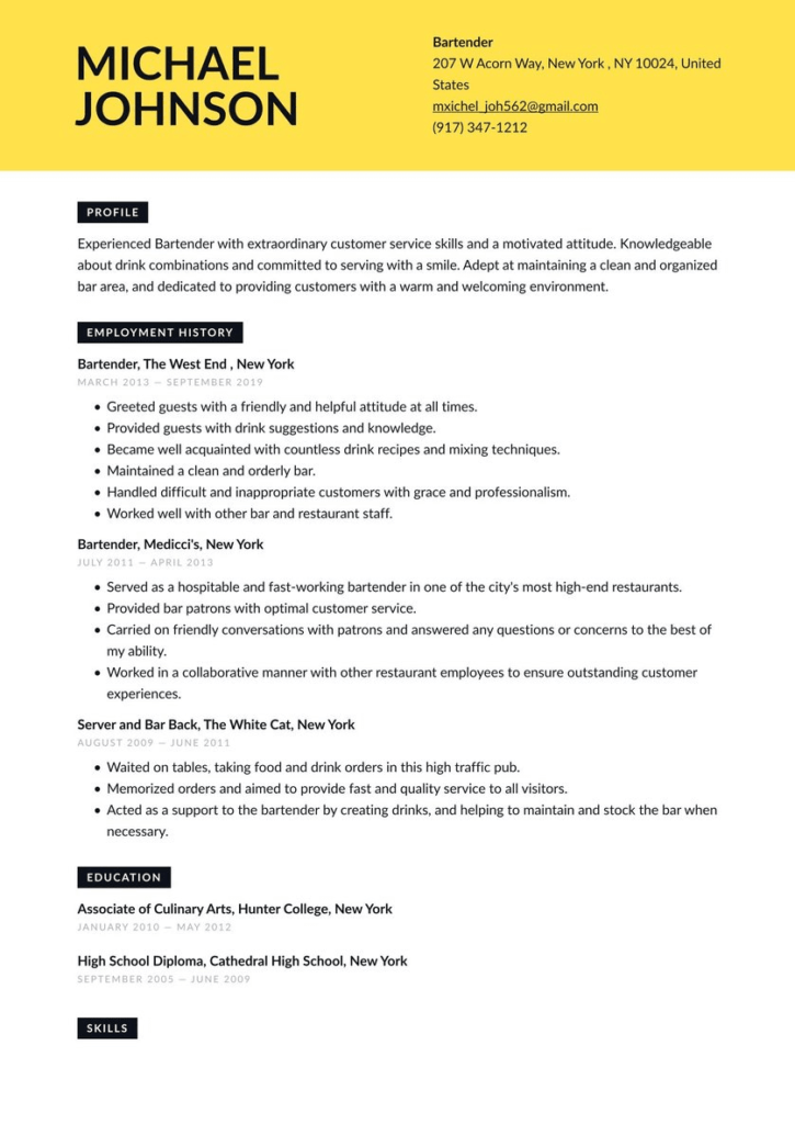 Buffalo Wild Wings Bartender Wait Staff Resume Template
