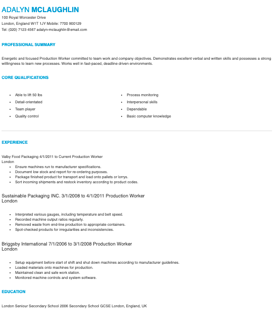 Cargill General Production Worker Resume Template