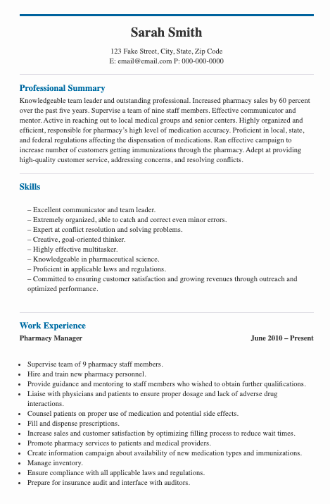 Pharmacy Manager Resume Template